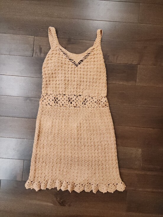 Dresses & Skirts - Handmade Crochet Beige Tube Dress Vnecj, Scalloped Hem Size Xs-m